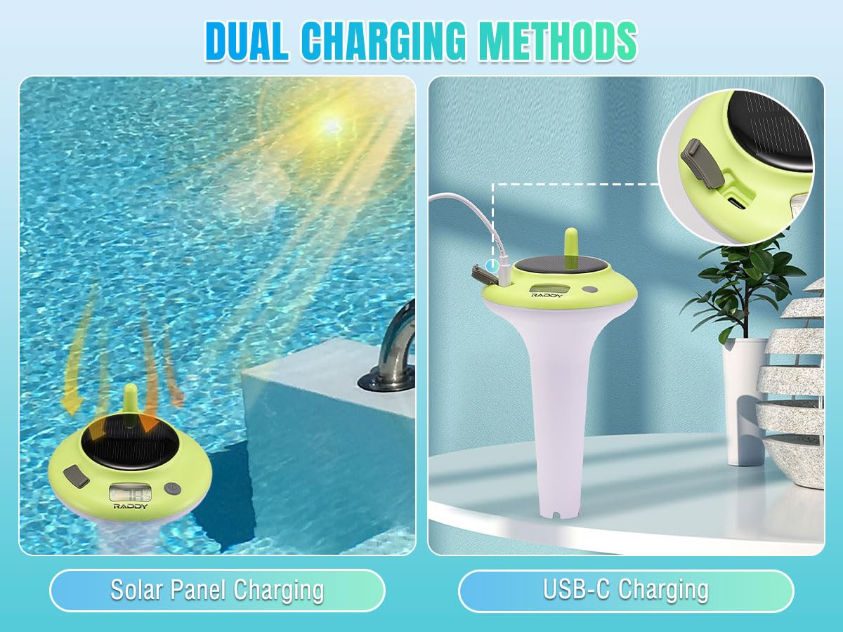 Raddy sensor floating in a pool beside lounge chair showing convenient remote monitoring