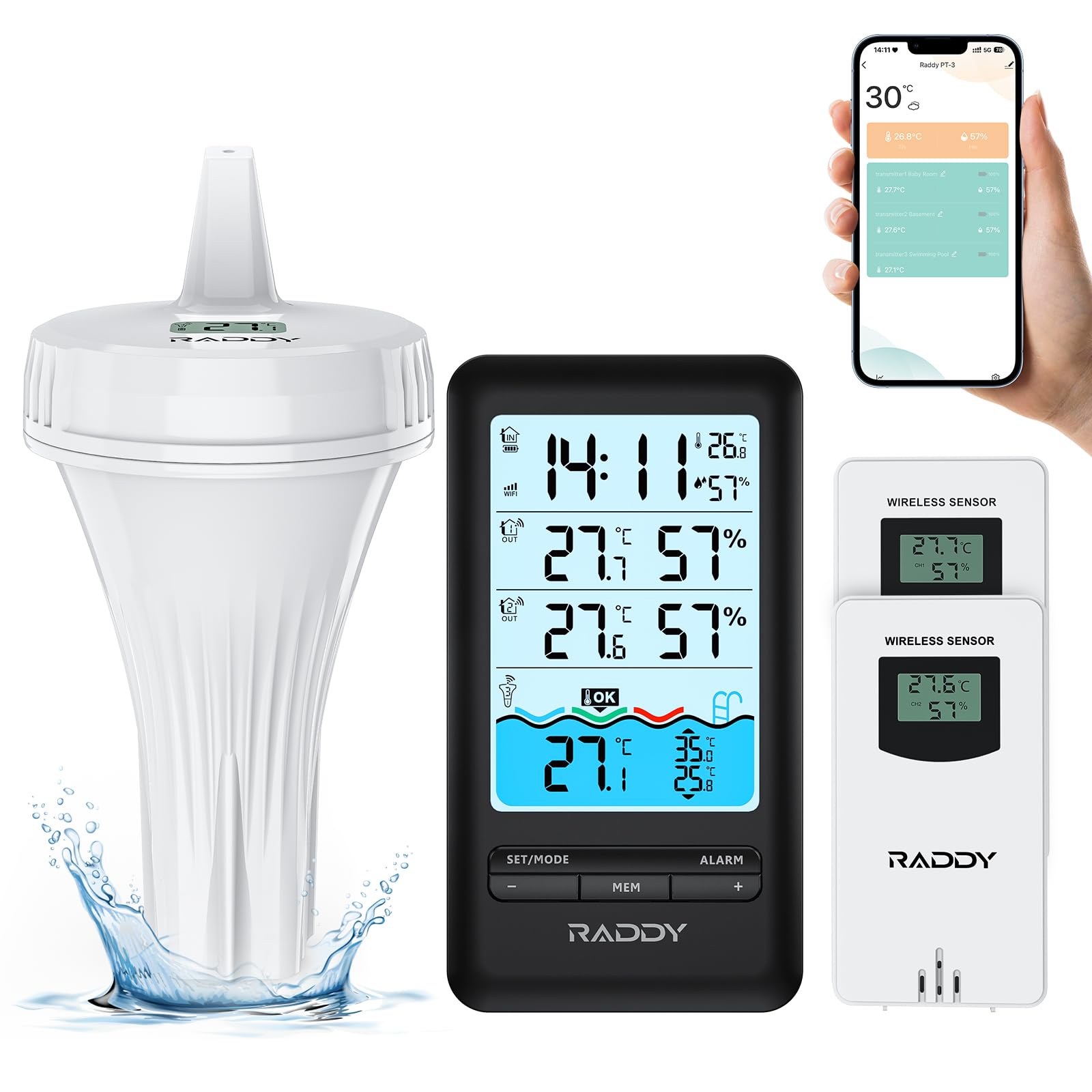 Raddy console and floating thermometer showing clear zone readings and easy overview