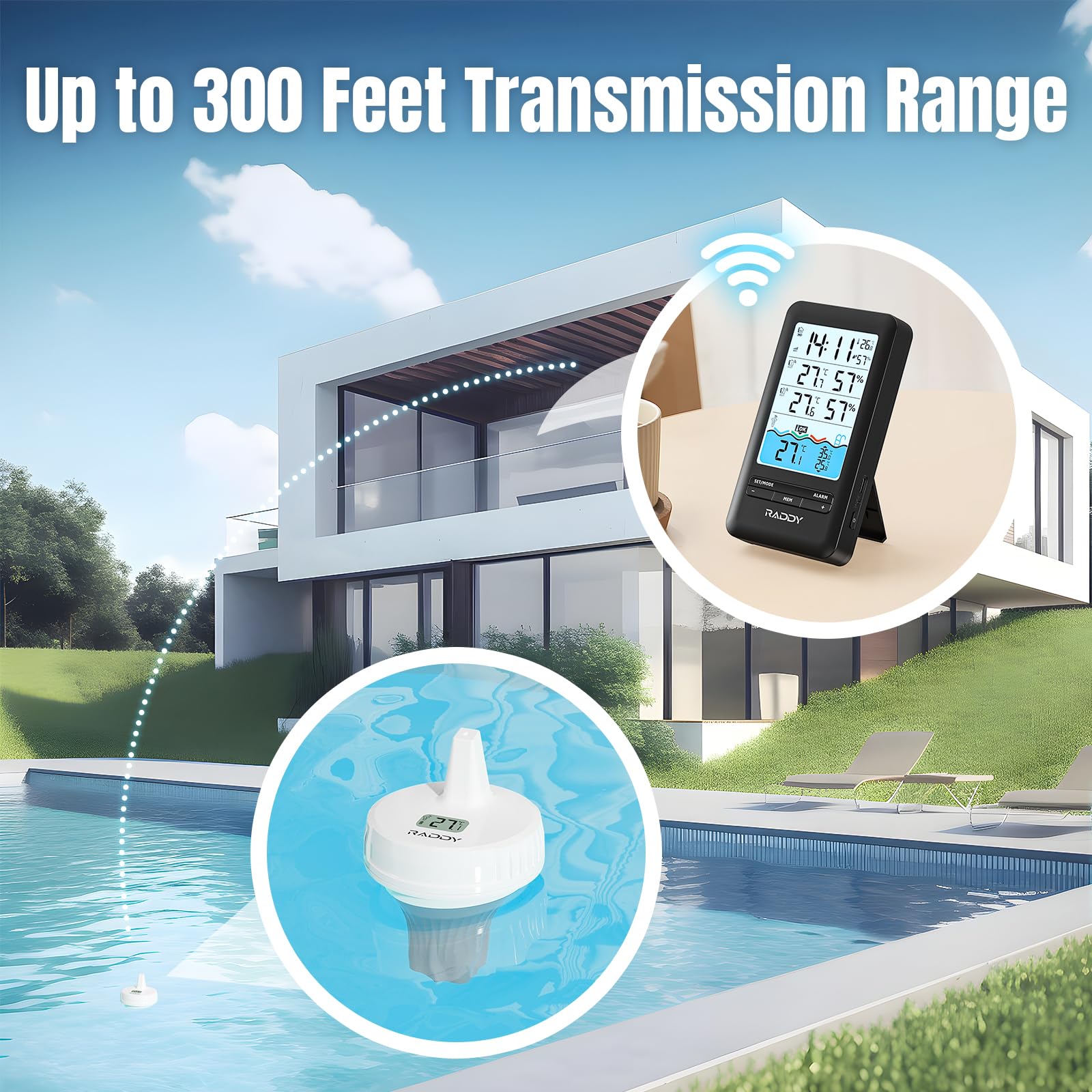 Raddy remote sensor close-up showing screen and low battery alert for worry-free use