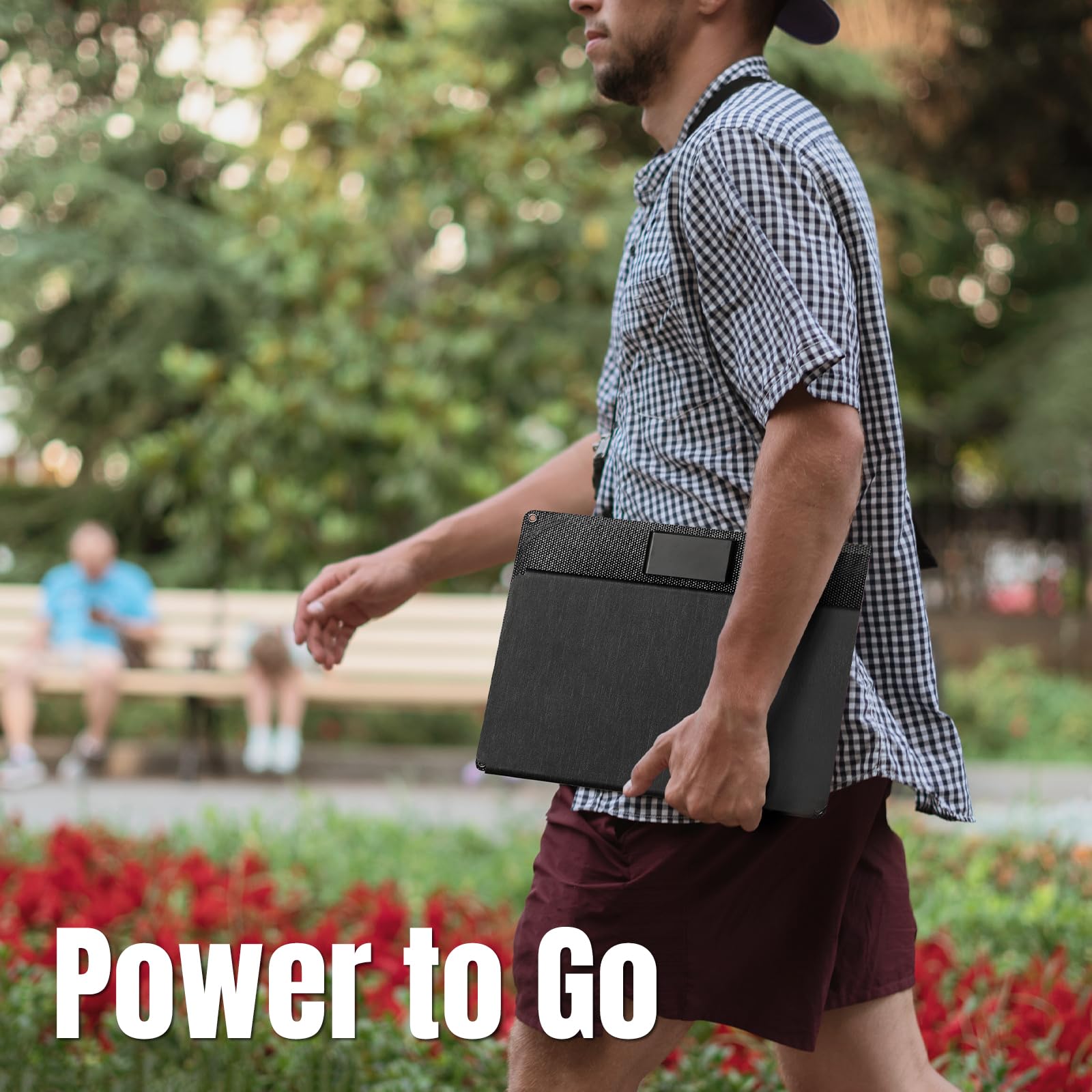 Raddy SP30 attached to backpack demonstrating on-the-go charging