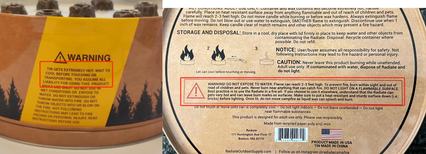Radiate materials and label highlighting recycled soy wax and made in USA