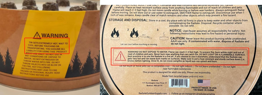 Radiate materials and label highlighting recycled soy wax and made in USA