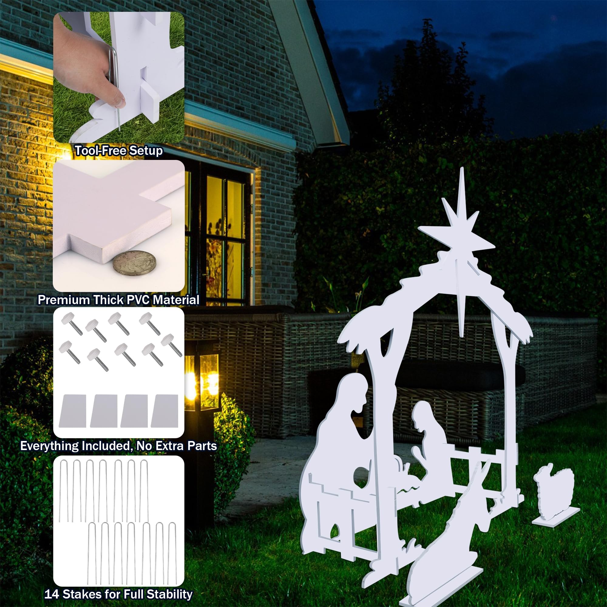 Raemean nativity lit in yard at night showing festive curb appeal benefit