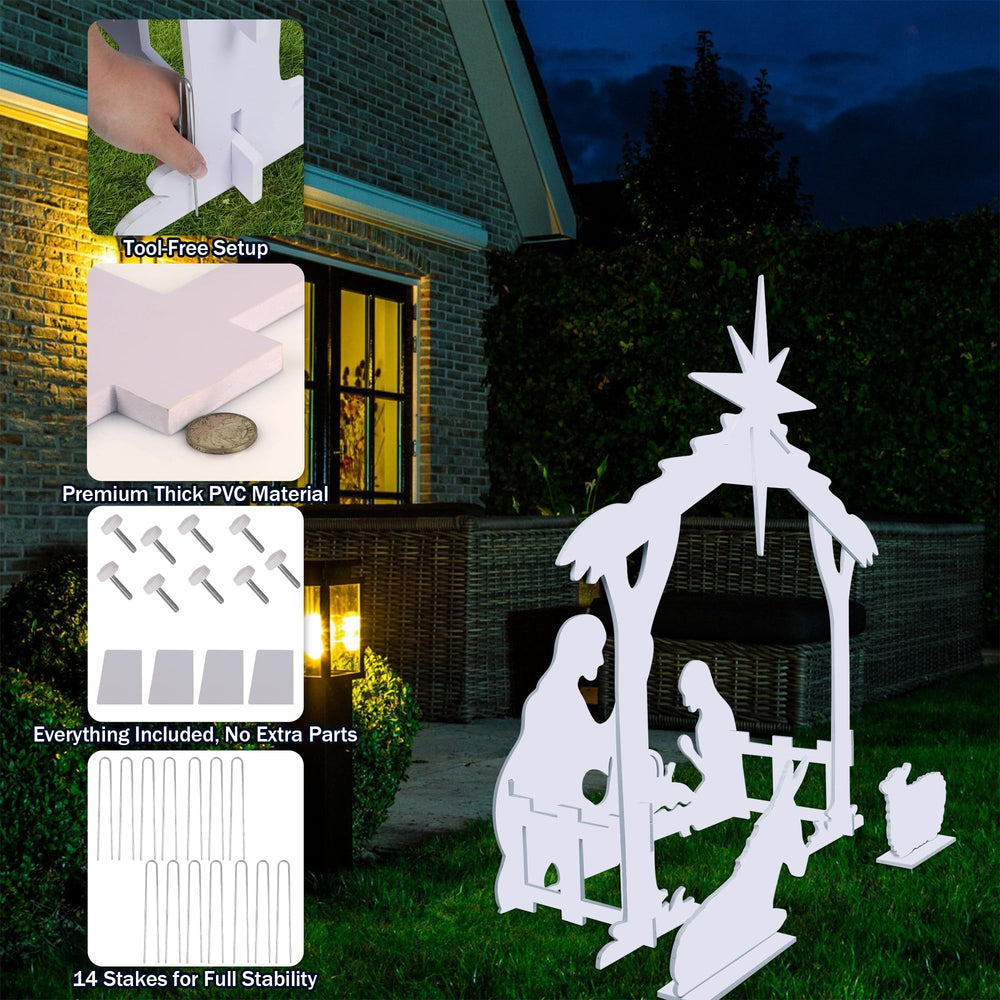 Raemean nativity lit in yard at night showing festive curb appeal benefit