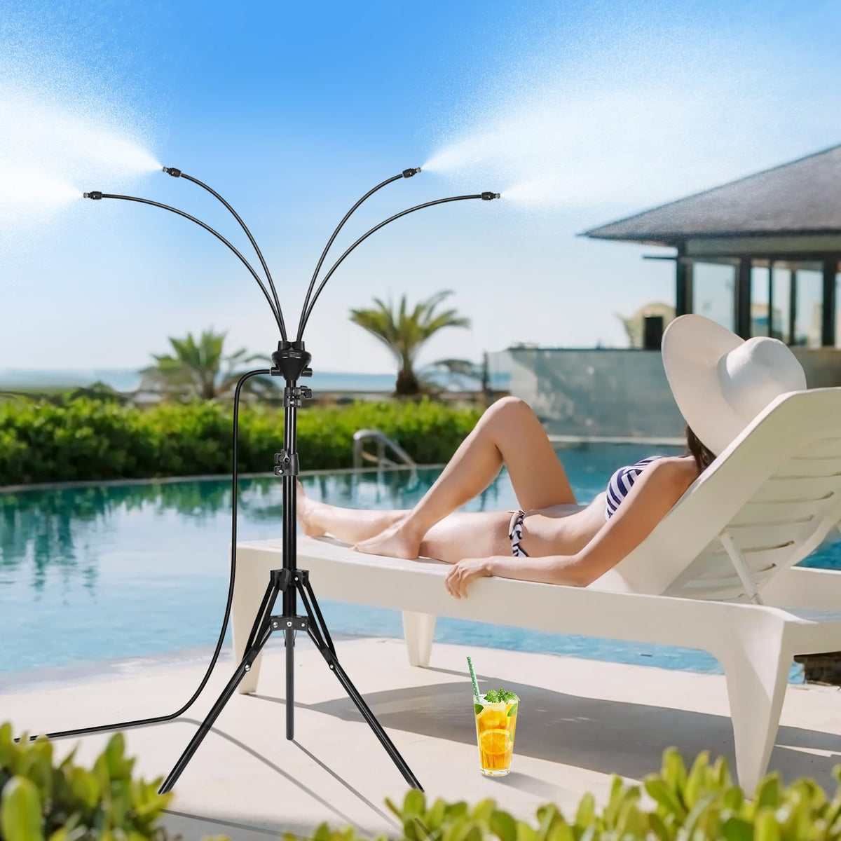 Rafow tripod front view showing stable base and mounted misting line for cool outdoor comfort