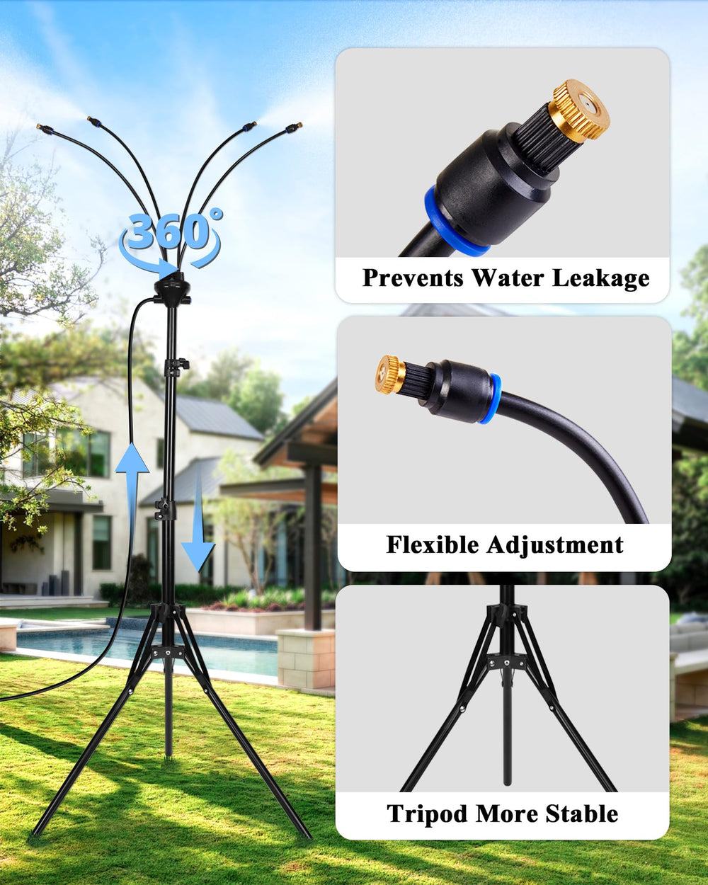 Rafow tripod height adjustment showing telescoping column for customized mist placement