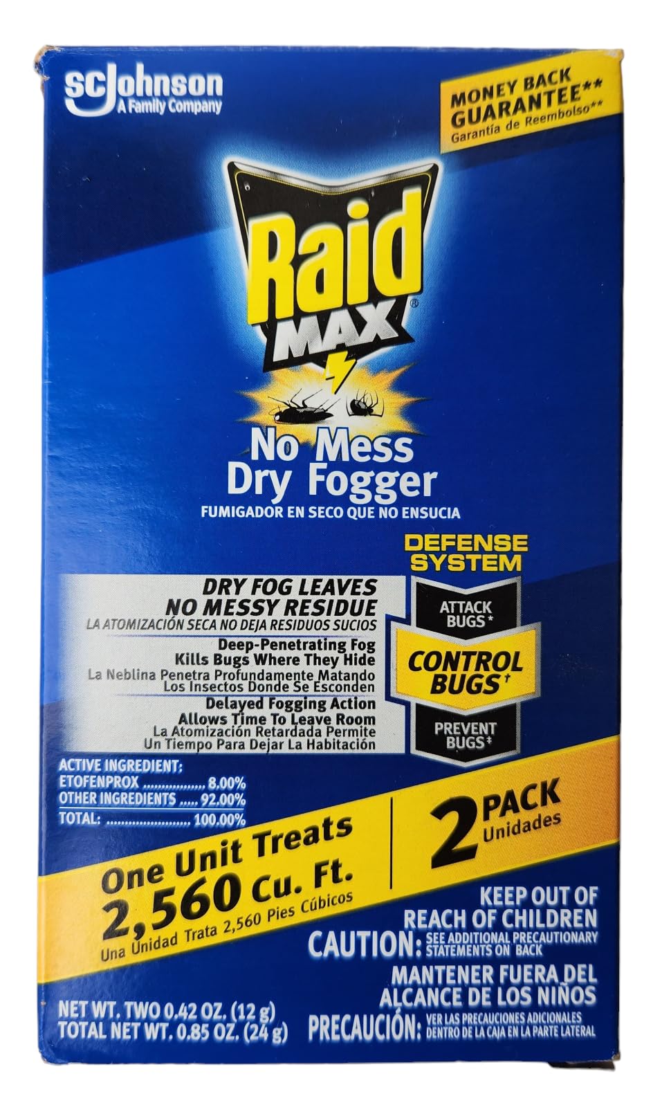 Raid MAX front packaging showing two fogger cups and coverage benefit