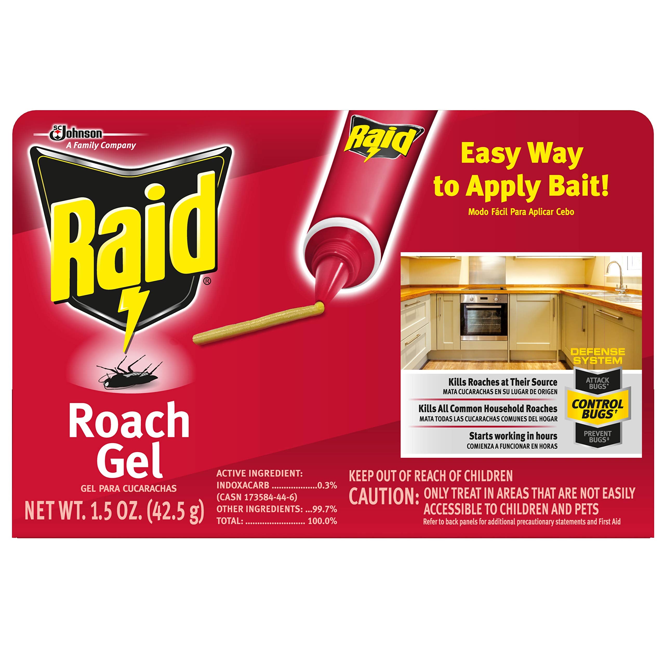 Raid Roach Gel tube front view showing compact bait container and label benefit