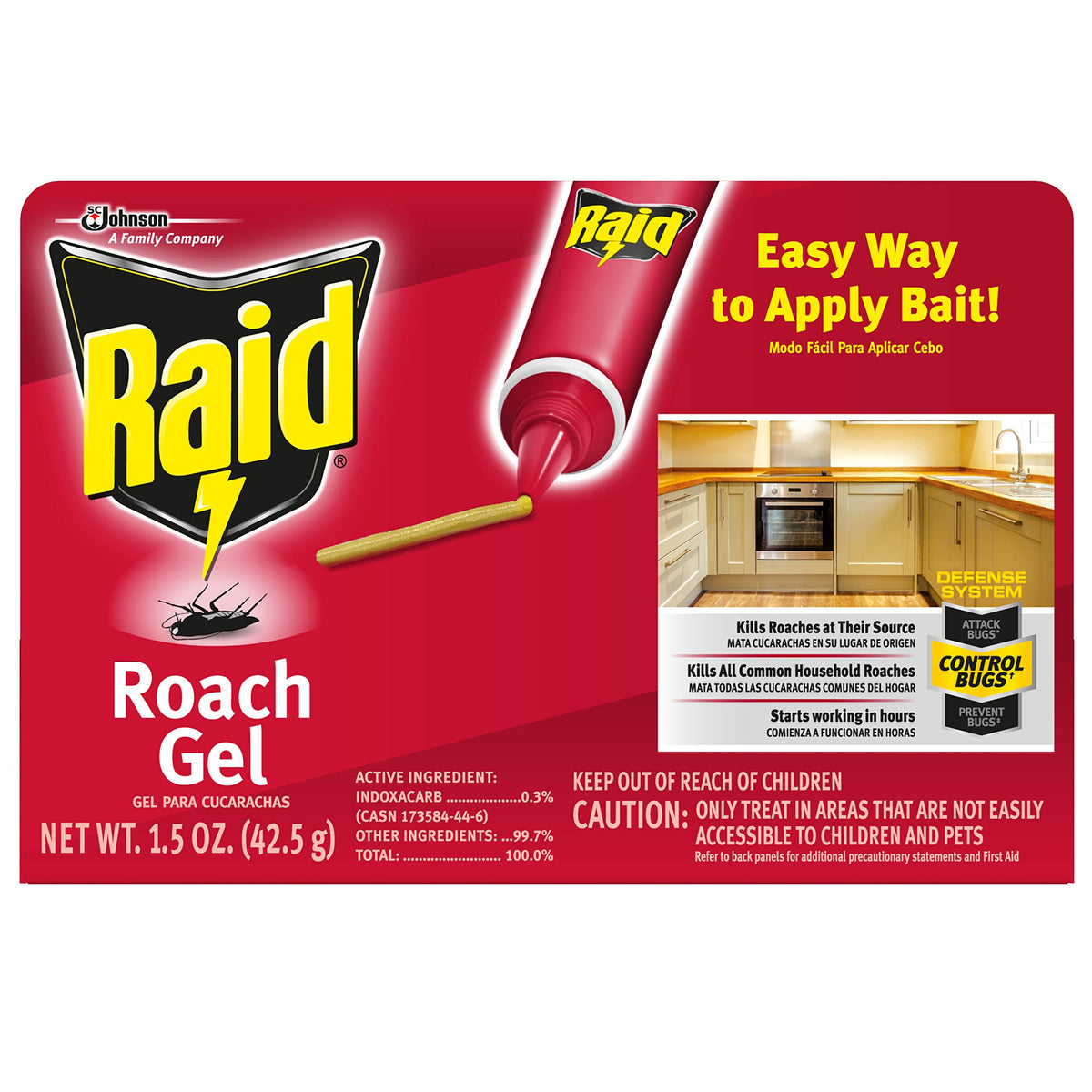 Raid Roach Gel tube front view showing compact bait container and label benefit