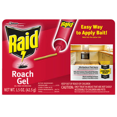 Raid Roach Gel tube front view showing compact bait container and label benefit