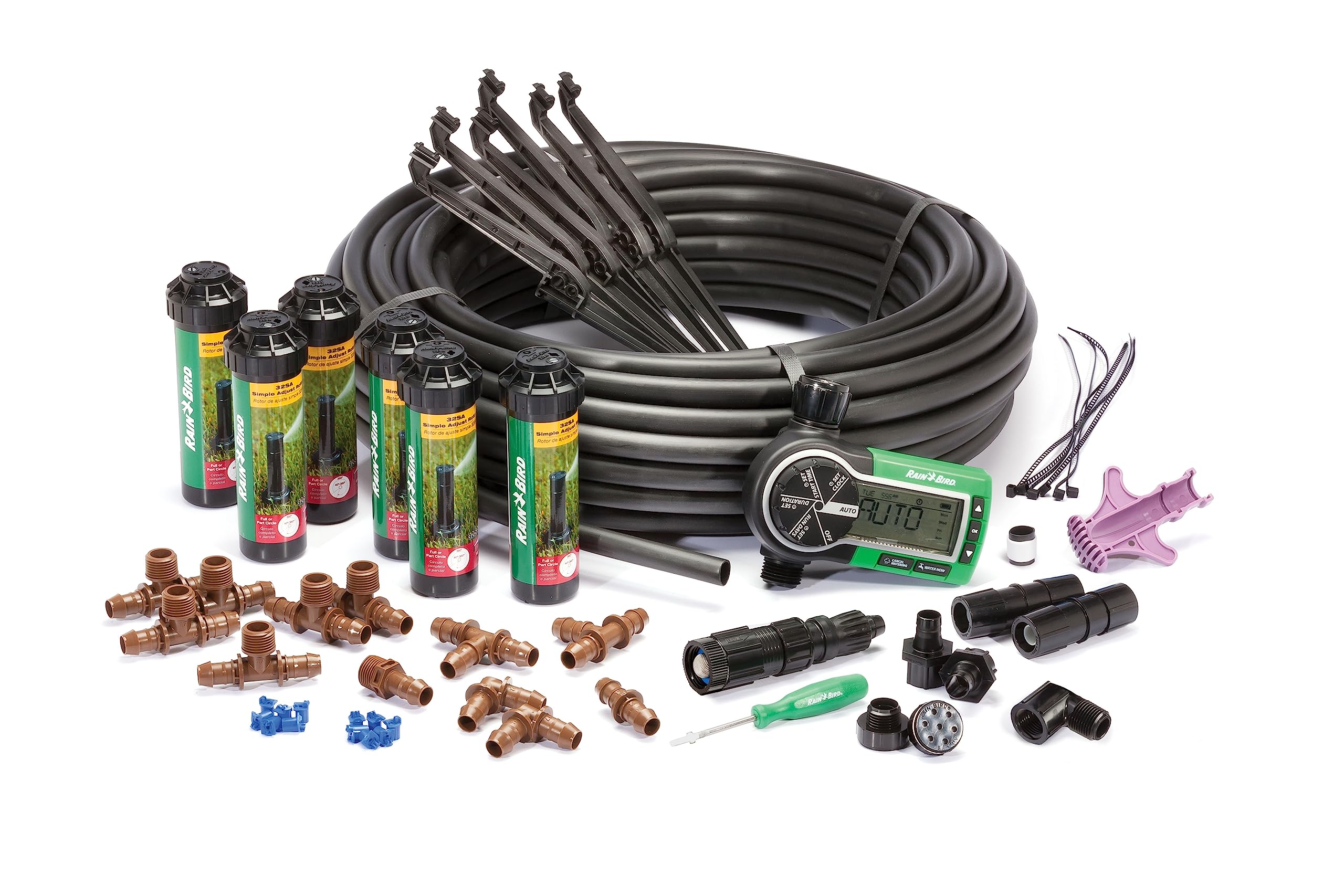 Rain Bird front package showing full DIY kit and included parts for quick install