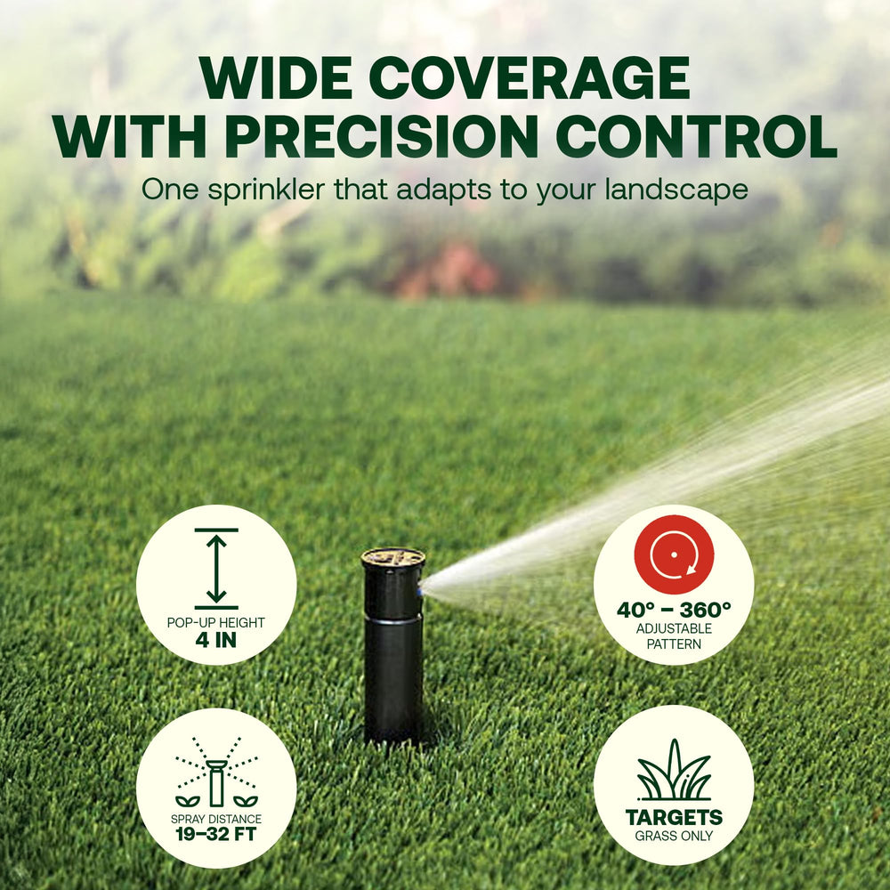 Rain Bird 32SA popped up beside ruler showing 4-inch height benefit: low-profile when retracted