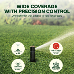 Rain Bird 32SA popped up beside ruler showing 4-inch height benefit: low-profile when retracted