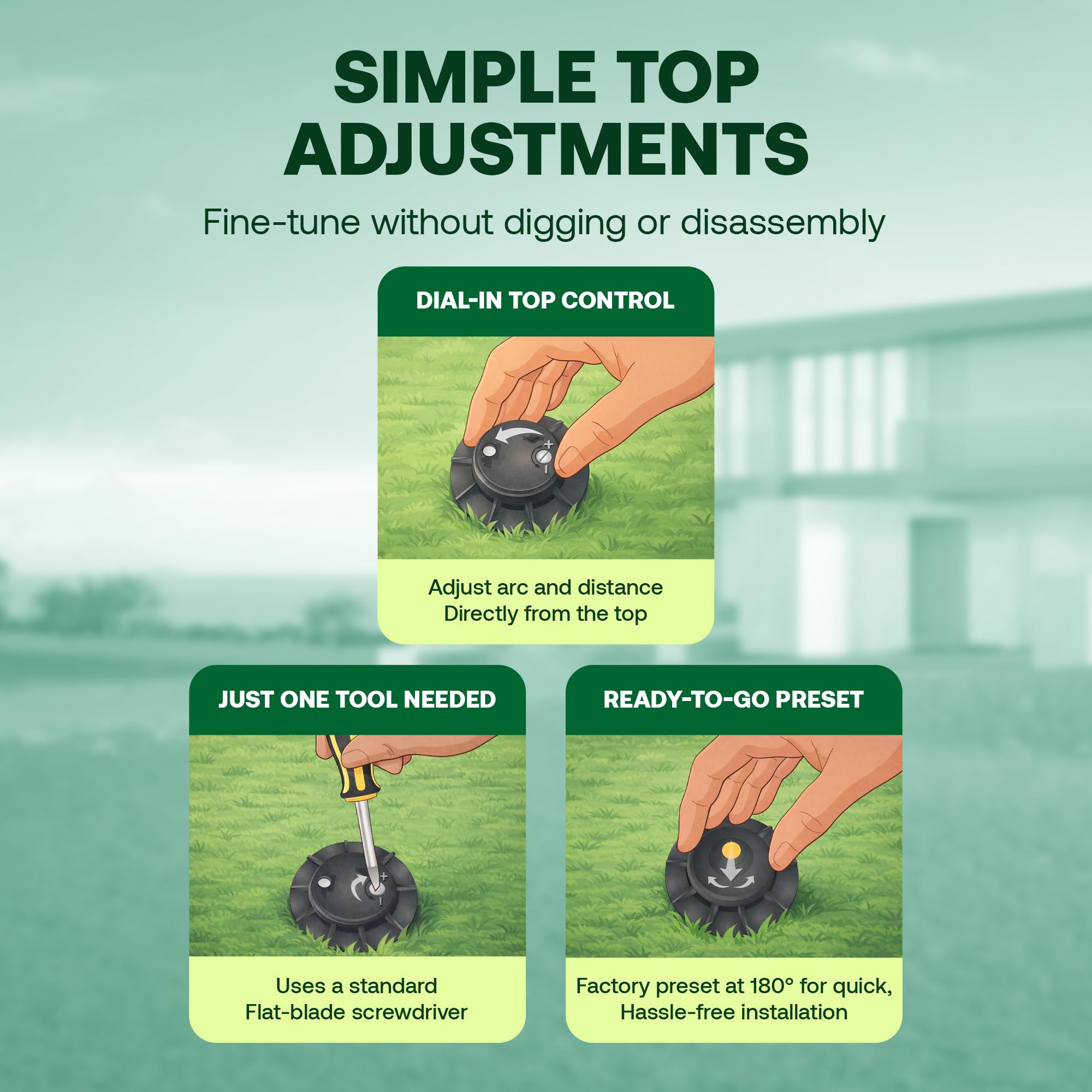 Rain Bird 32SA top screw slot for adjustments benefit: easy arc and distance tuning