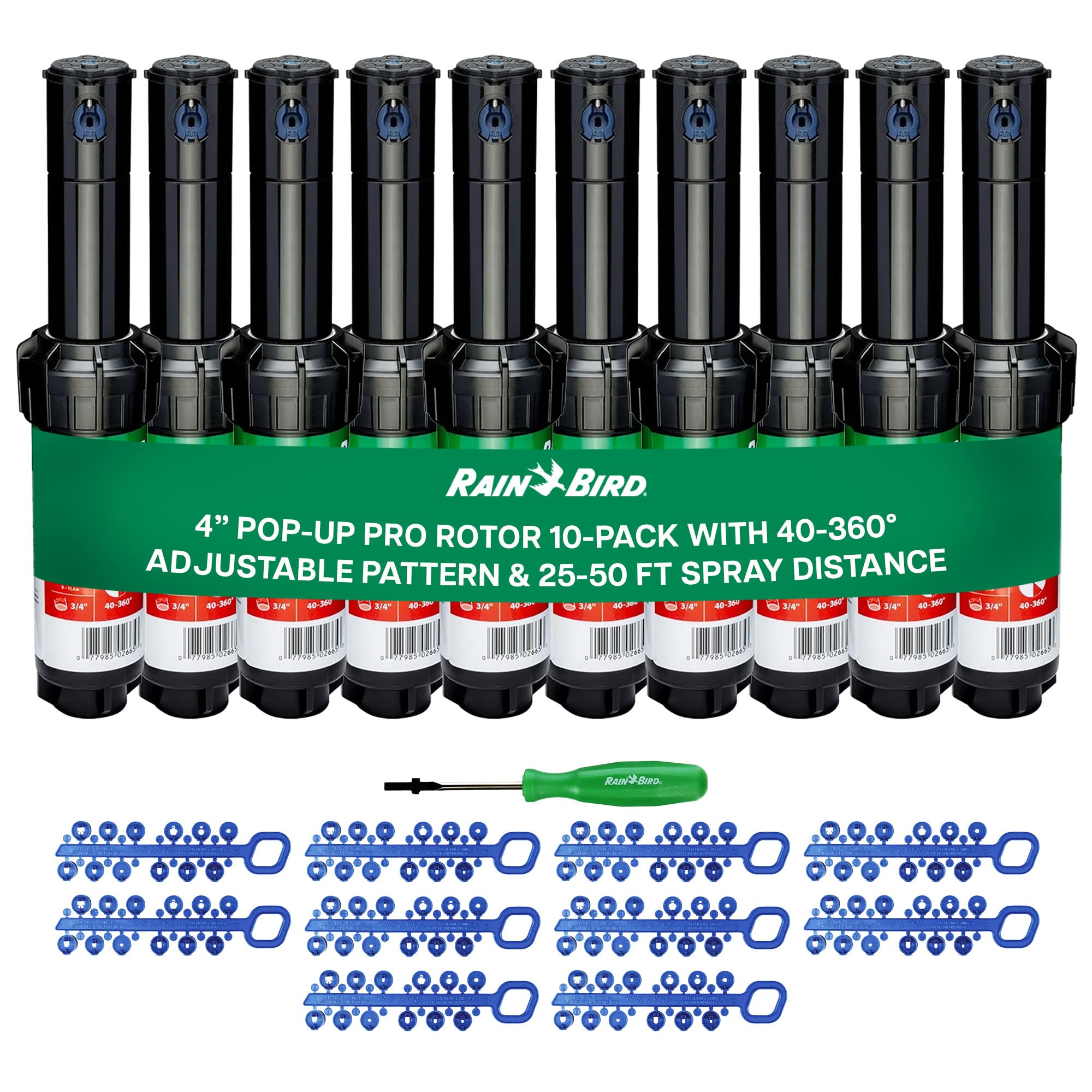 Rain Bird front packaging showing 10 rotors and tool, quick kit benefit