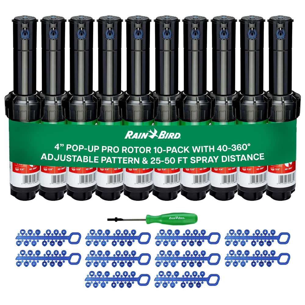 Rain Bird front packaging showing 10 rotors and tool, quick kit benefit