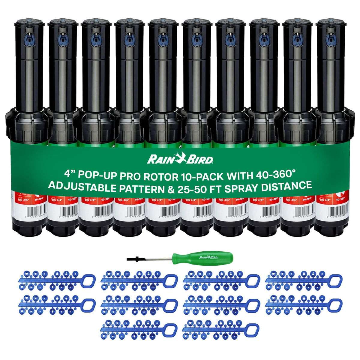 Rain Bird front packaging showing 10 rotors and tool, quick kit benefit