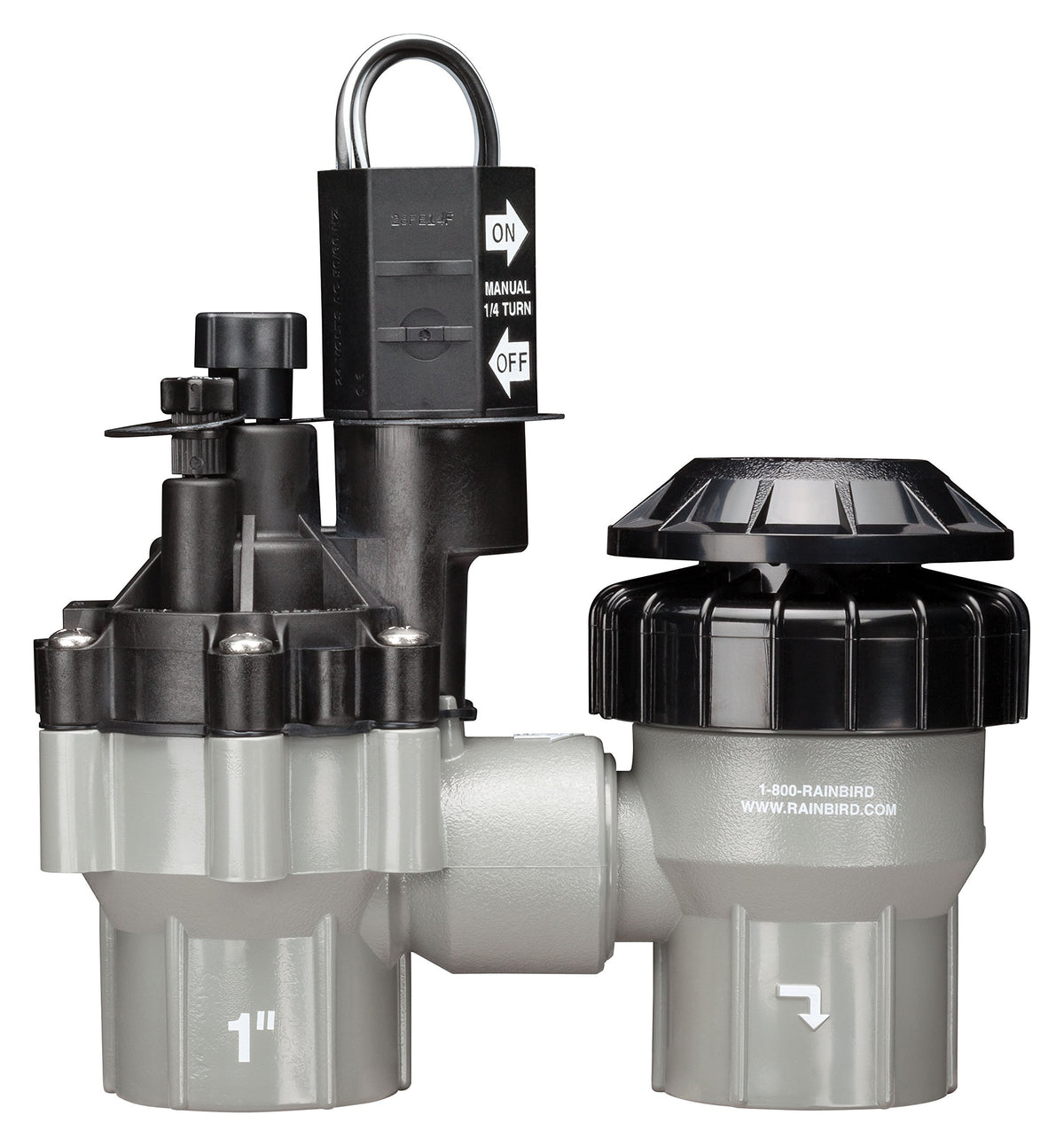 Rain Bird front view of valve showing threaded ports and vacuum breaker benefit