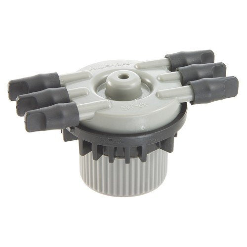 Rain Bird EMT-6XERI front view showing six capped outlets for quick multi-point irrigation setup