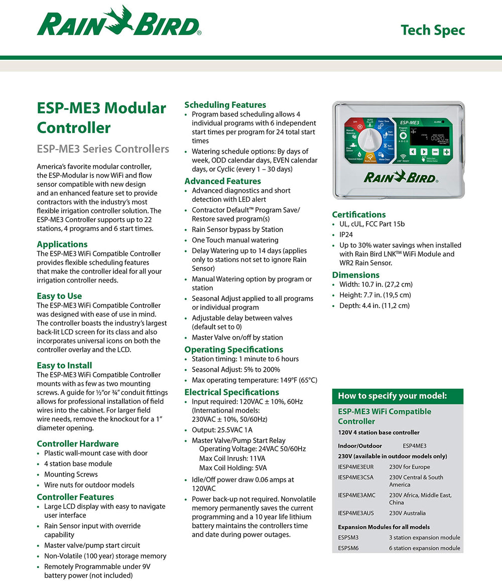 Rain Bird ESP-ME3 pictured with LNK WiFi module to enable remote control and alerts