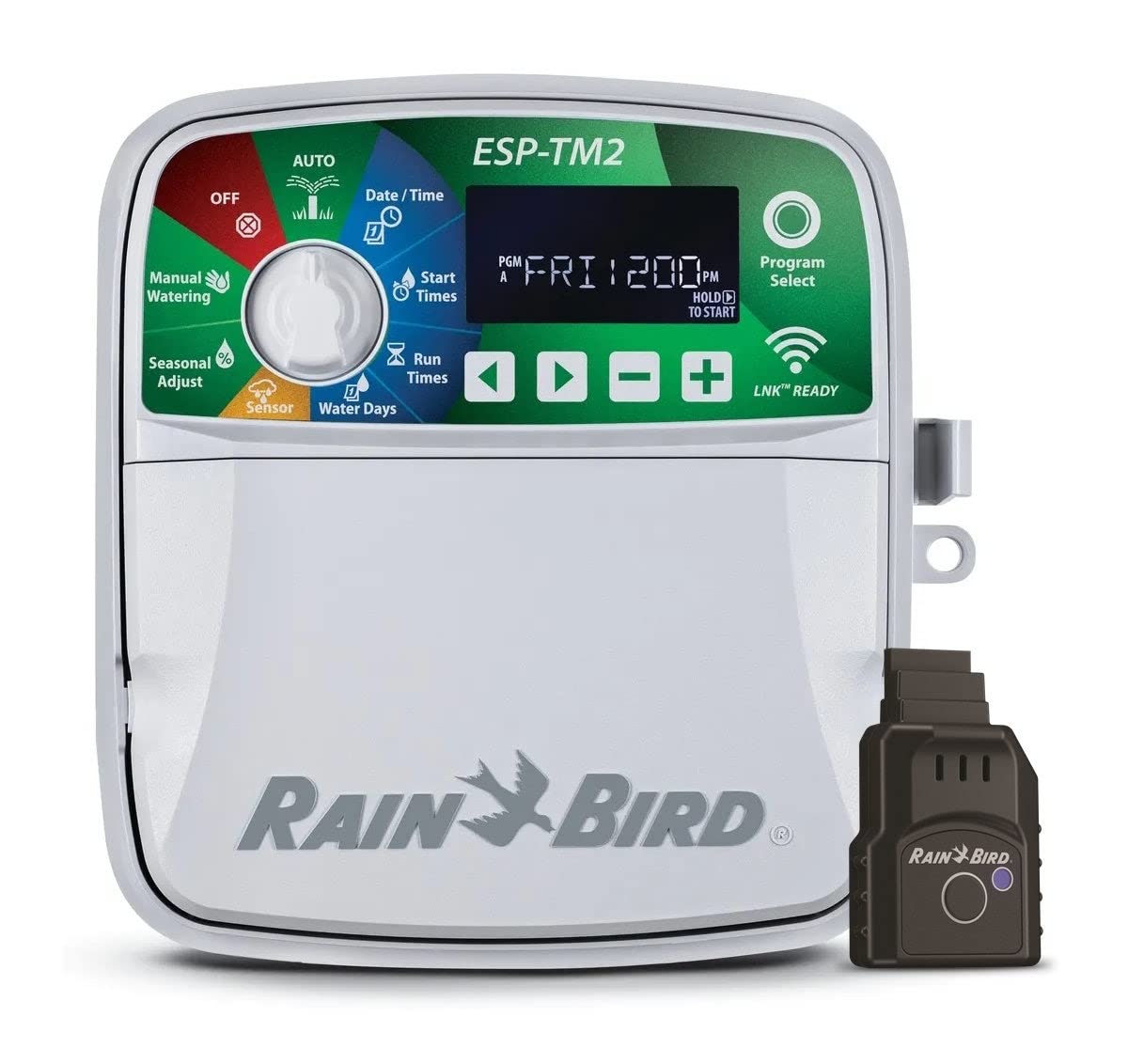 Rain Bird ESP-TM2 front panel showing backlit display and controls for easy programming