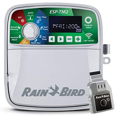 Rain Bird ESP-TM2 front panel showing display and buttons for easy programming and quick setup