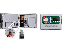 Rain Bird ESP-ME3 front panel in outdoor cabinet showing dial and backlit screen for easy setup