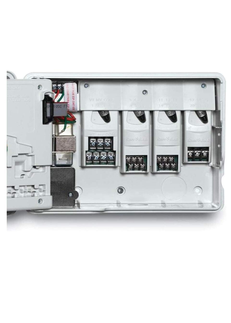 Rain Bird ESPSM3 beside wiring and tape measuring scale for size and installation clarity