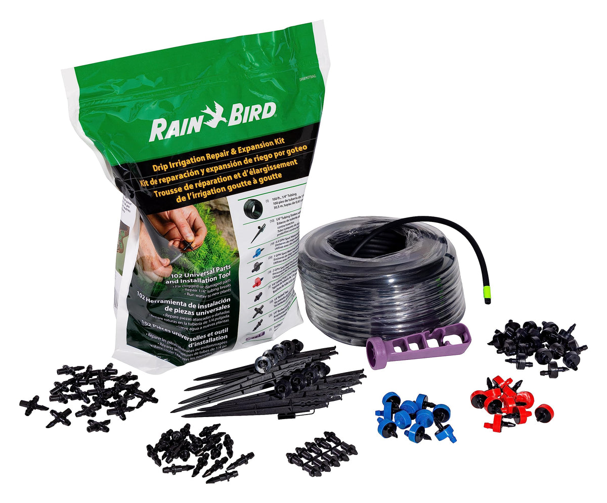 Rain Bird front packaging of dripkitbag showing kit and pouch, easy transport benefit