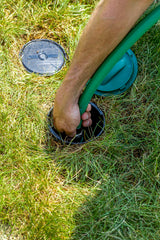 Rain Bird LG3HE Click-N-Go quick-connect attached to hose for fast hookup