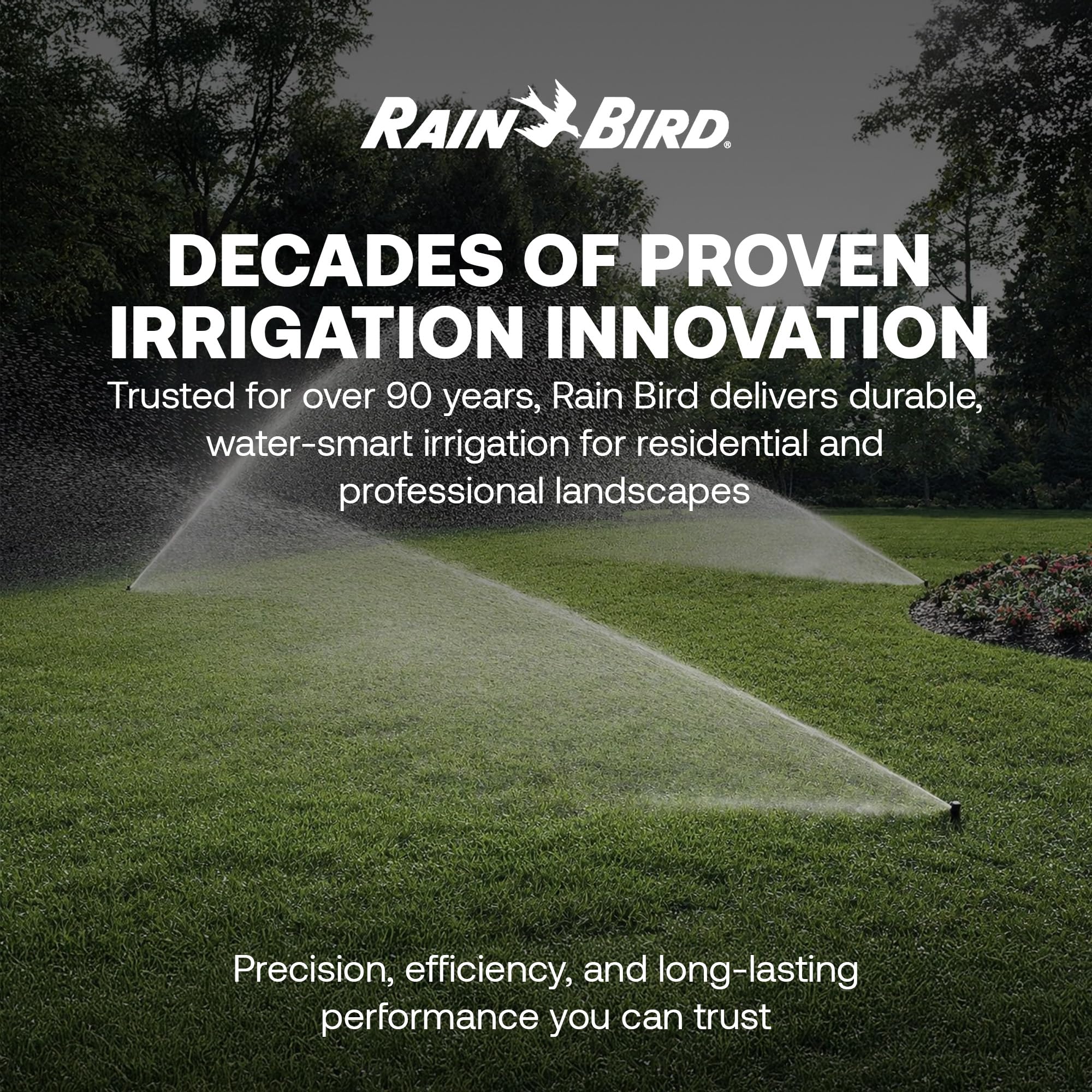 Rain Bird nozzles lined up showing angles, customizable throw and pattern