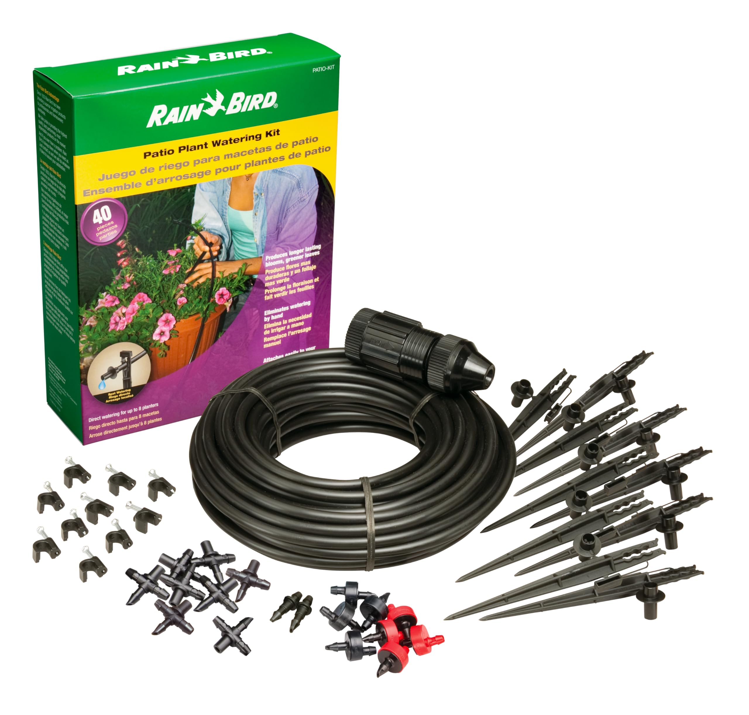Rain Bird kit front packaging showing full 42-piece set and easy setup benefit