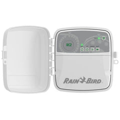 Rain Bird RC2 front panel showing buttons and layout for easy programming