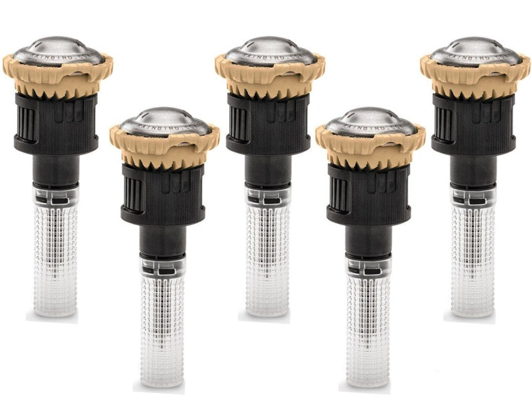 Rain Bird rotary nozzle five-pack front view showing compact packaging and quick install benefit