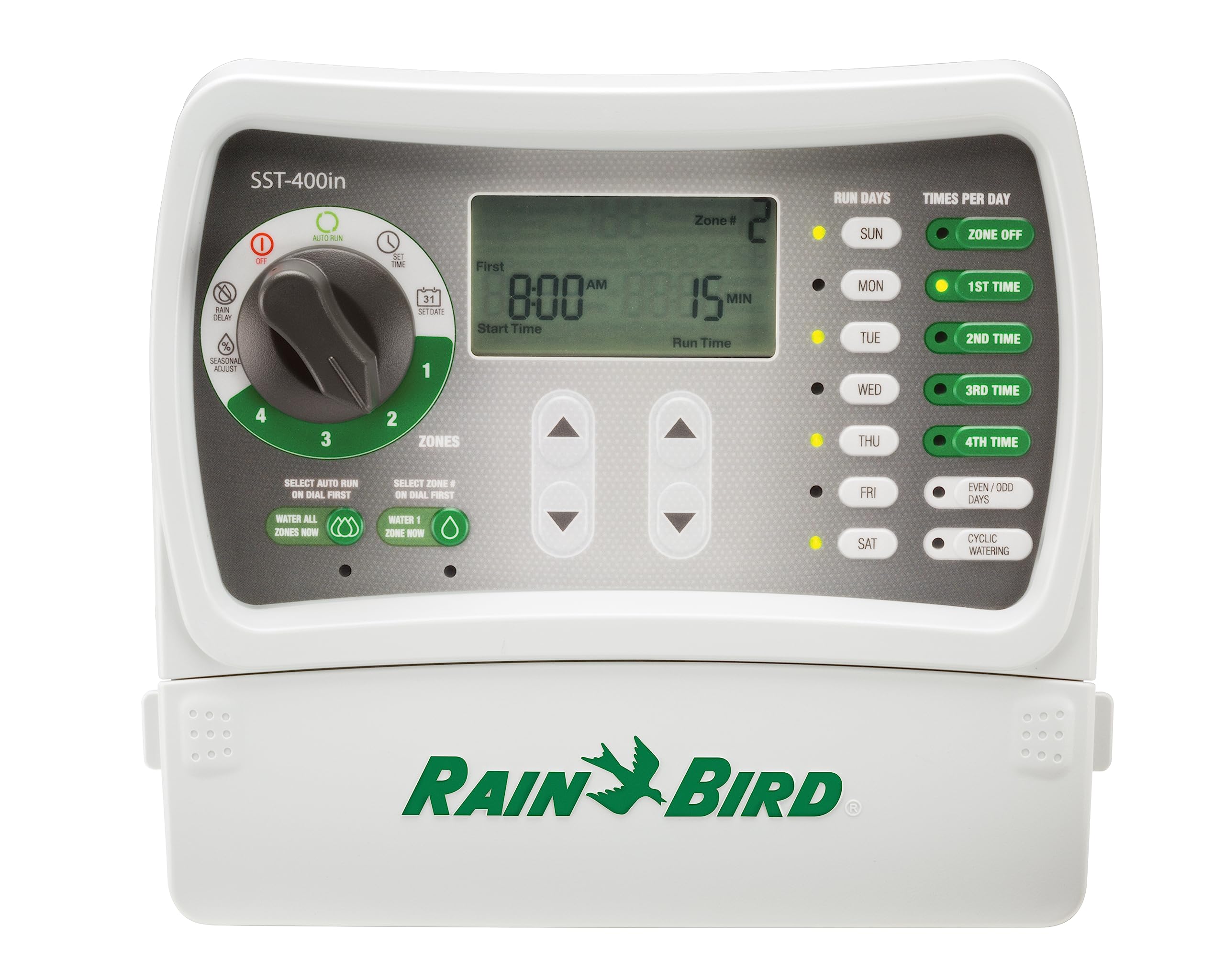 Rain Bird SST400IN front panel showing LCD and zone controls for easy programming