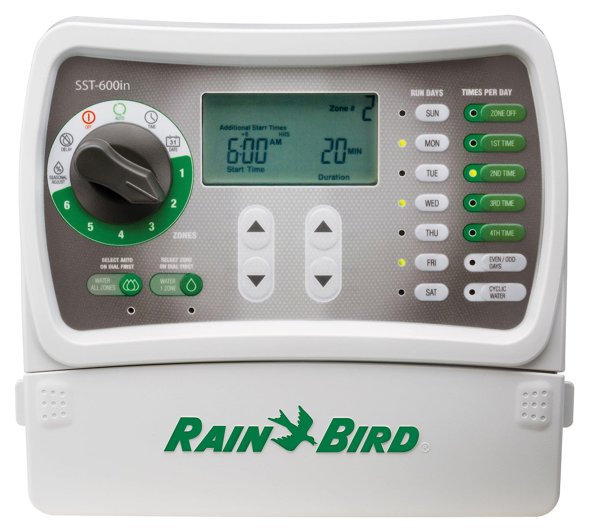 Rain Bird SST600IN front panel showing LCD and zone LEDs for fast setup