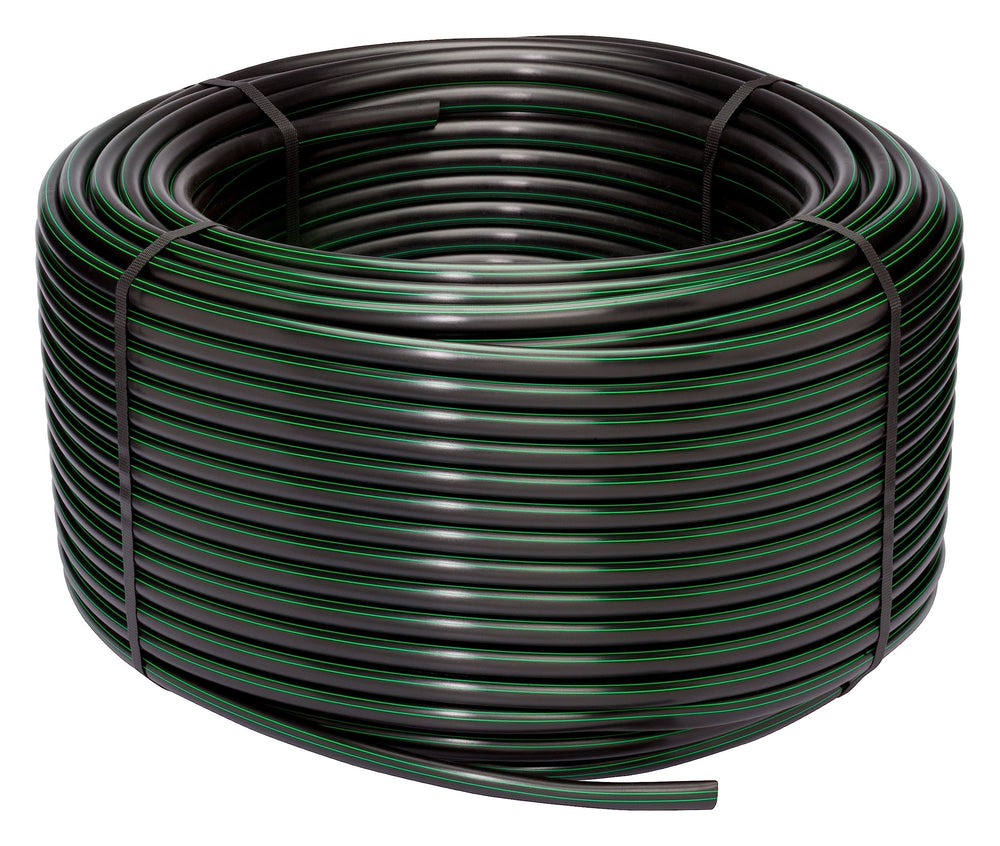 Rain Bird front view of 500' tubing roll showing product ID and benefit durability