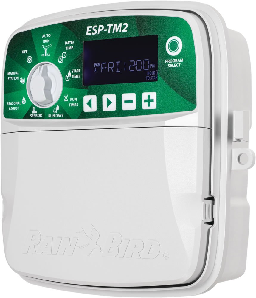 Rain Bird TM2-6 front panel showing intuitive dial and buttons for quick setup and control