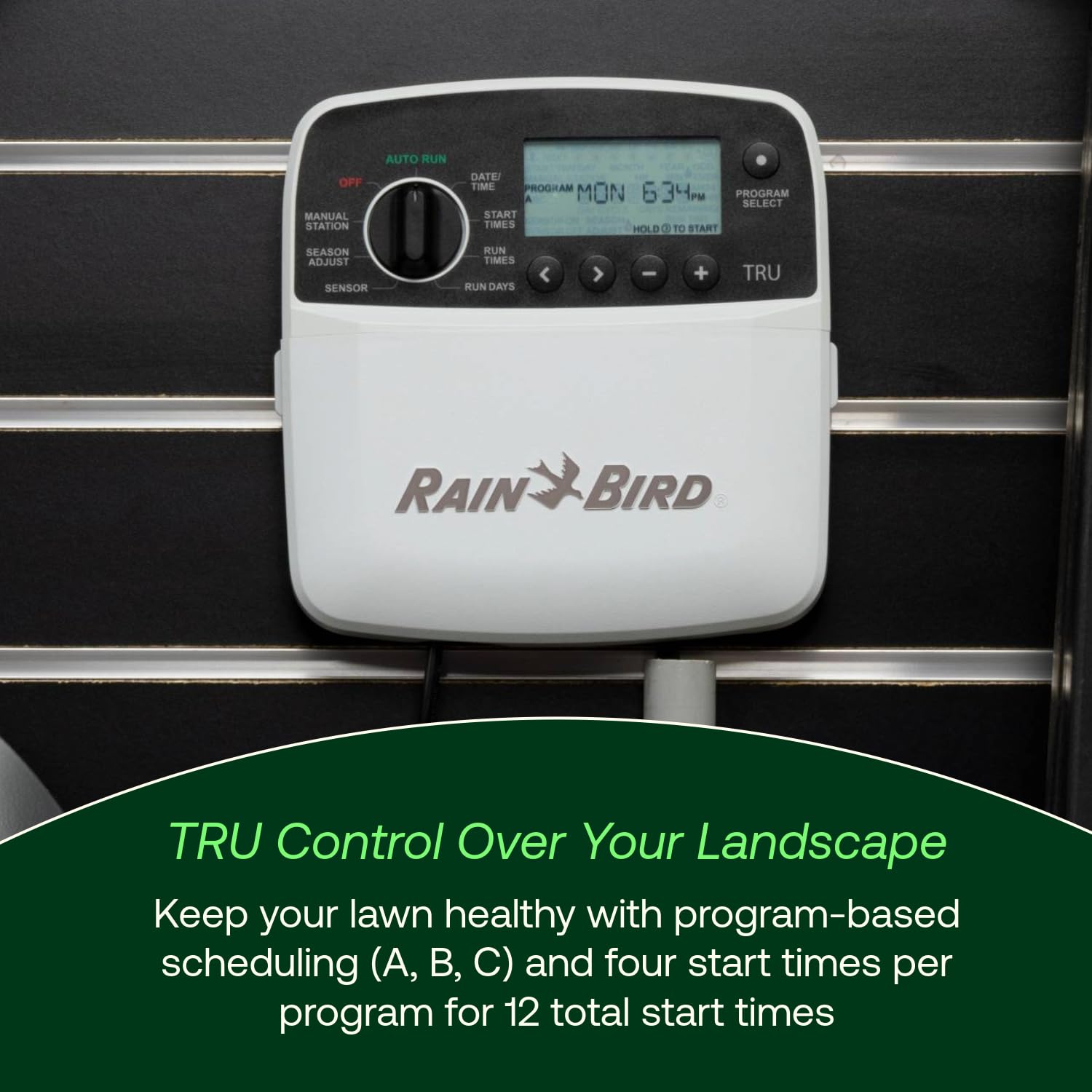 Rain Bird TRU6I program dial close-up for fast intuitive schedule setup