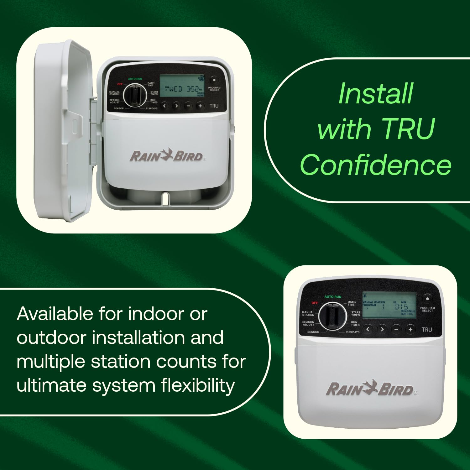 Rain Bird TRU6I rain sensor connection detail showing sensor compatibility and automation
