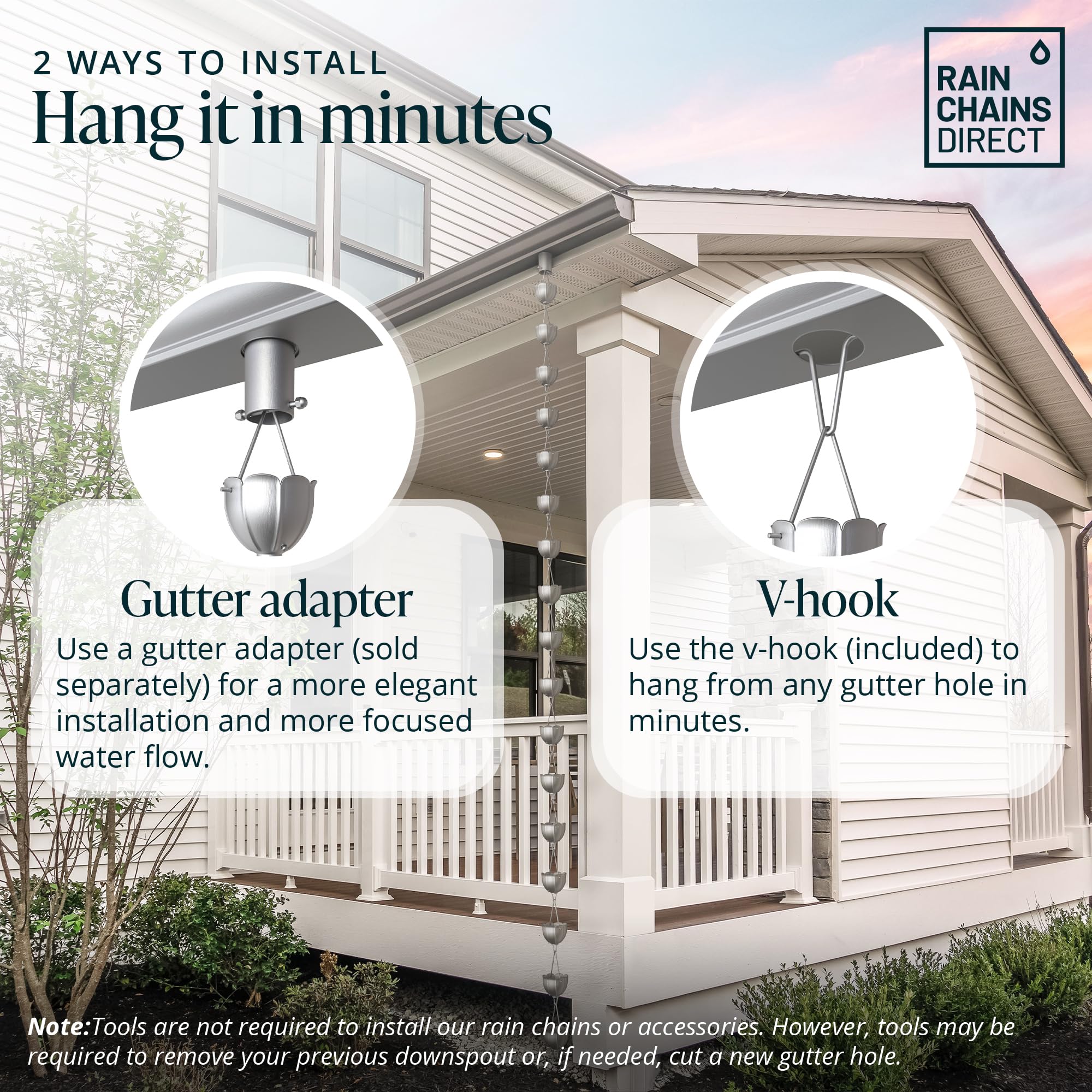 Rain Chains Direct chain channeling rainwater during a storm showing controlled drainage