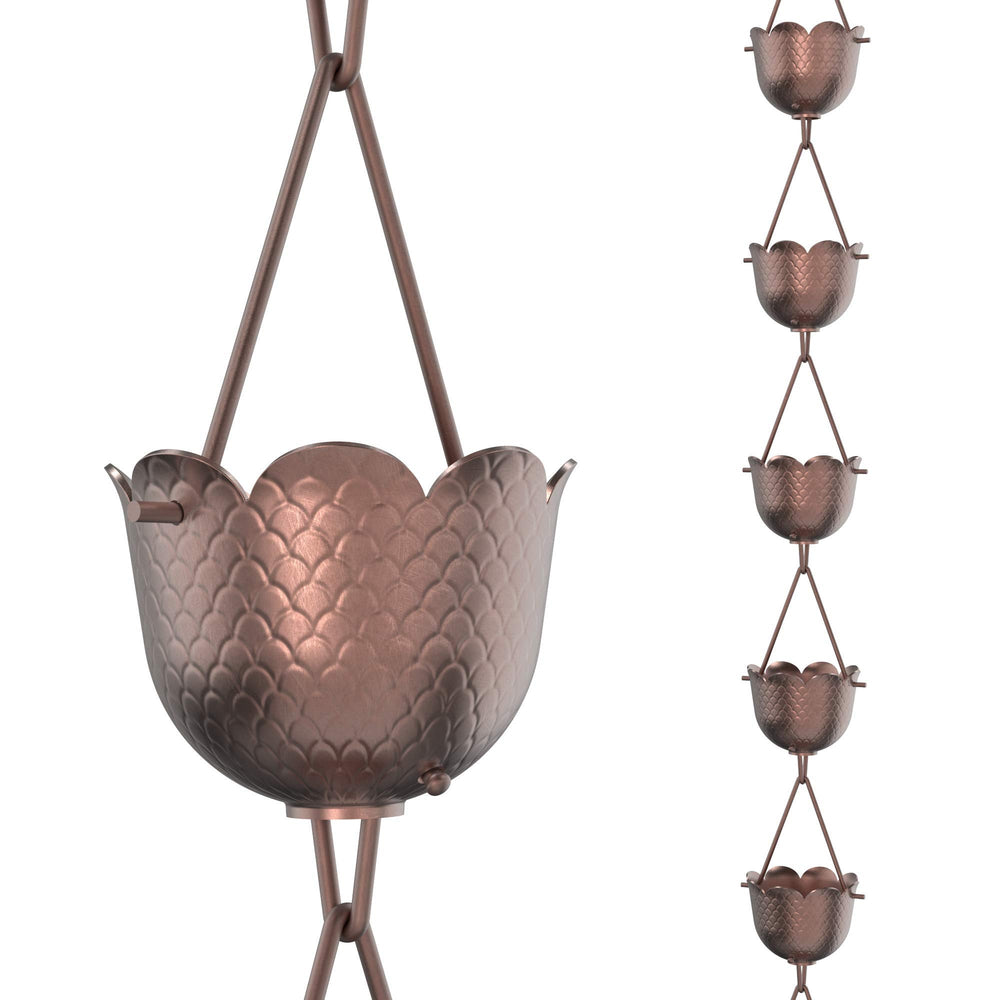 Rain Chains Direct pineapple rain chain front view showing decorative copper cups and chain benefit curb appeal