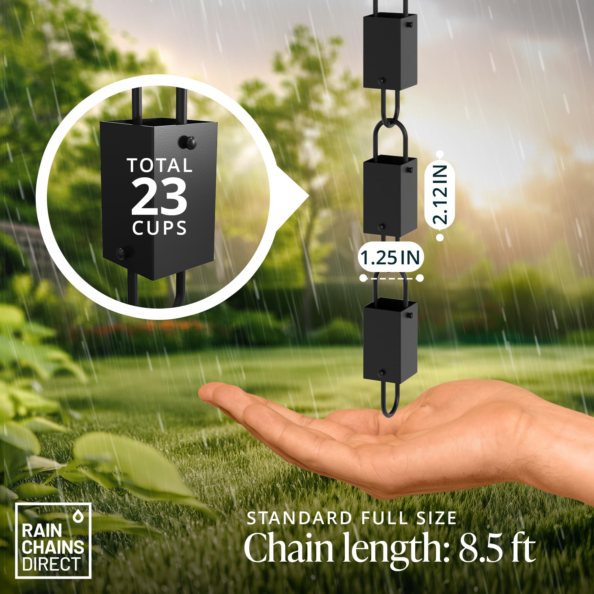 Rain Chains Direct close-up of square cup detail highlighting flow design and durable finish
