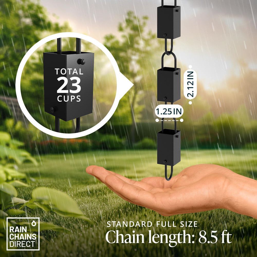 Rain Chains Direct close-up of square cup detail highlighting flow design and durable finish