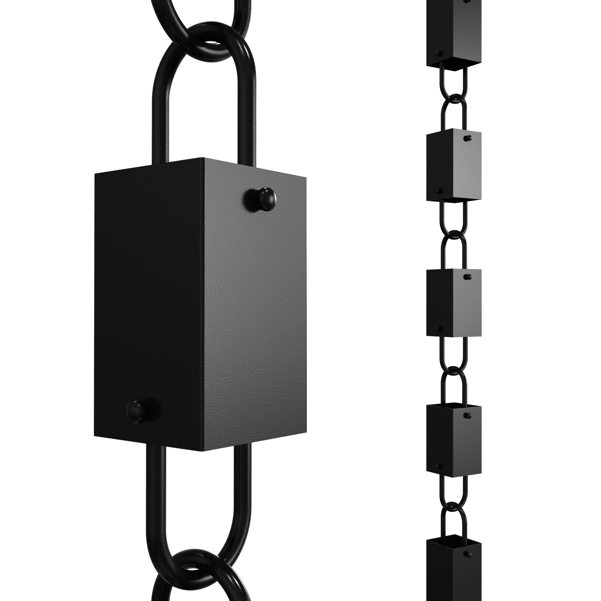 Rain Chains Direct front view of black square link rain chain showing elegant profile and function