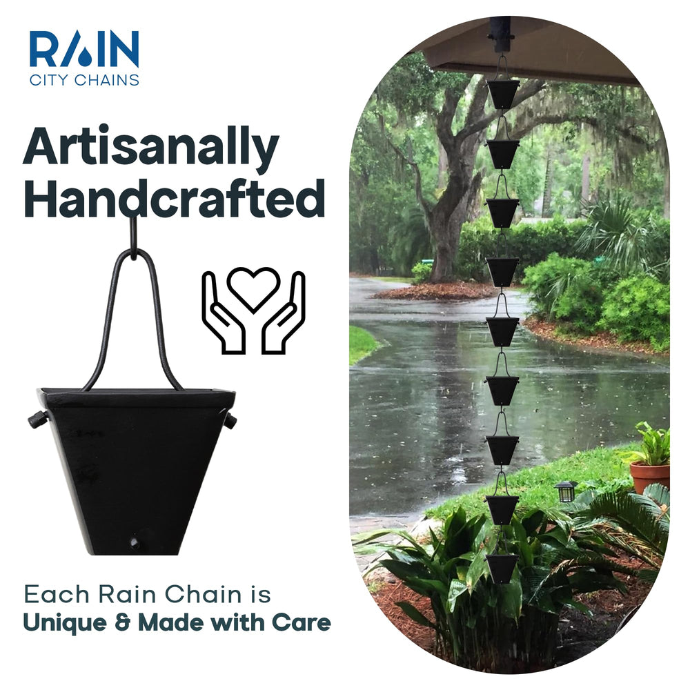 Rain City Chains in use during heavy rain guiding water smoothly and quietly