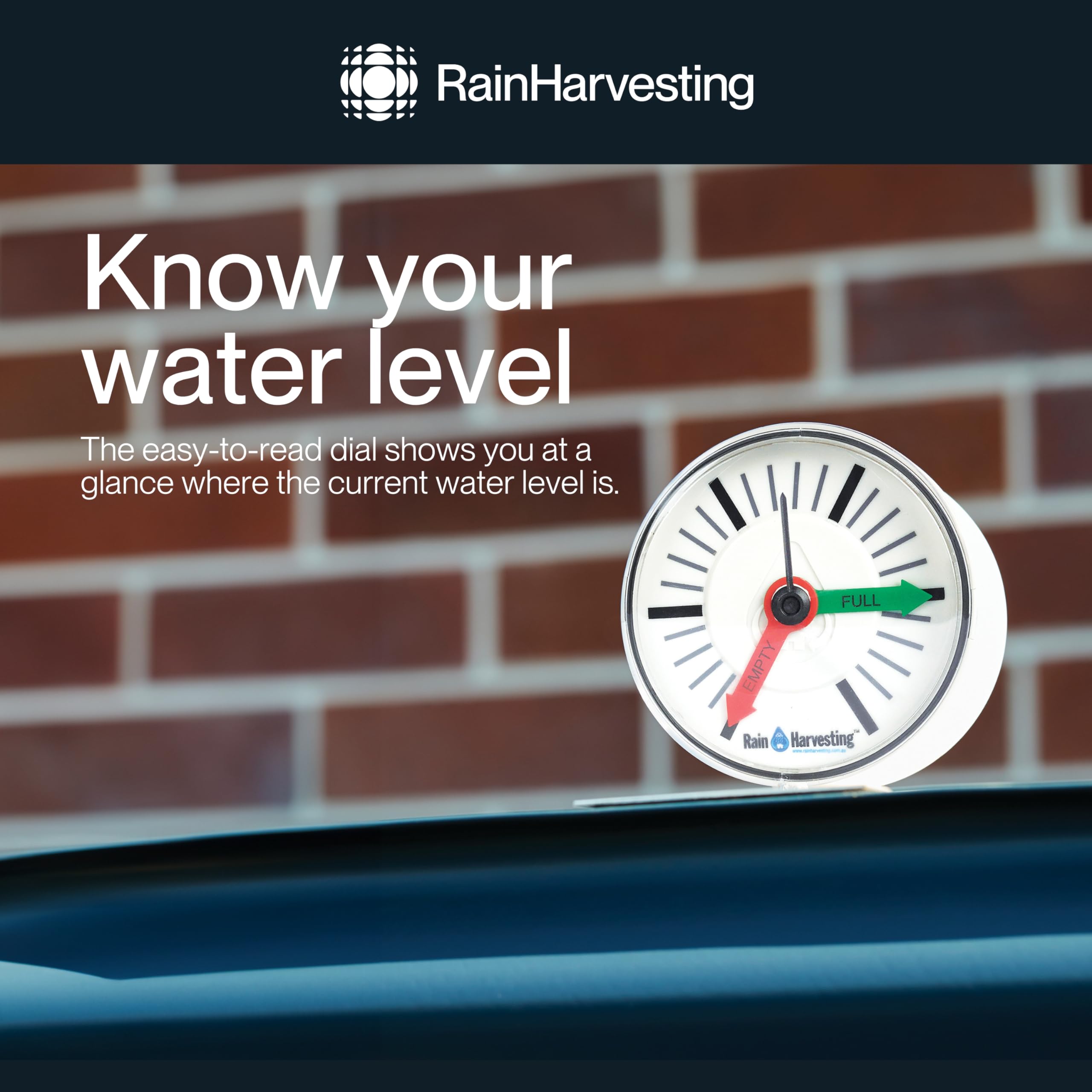 Rain Harvesting close-up of gauge dial highlighting clear Empty and Full indicators benefit