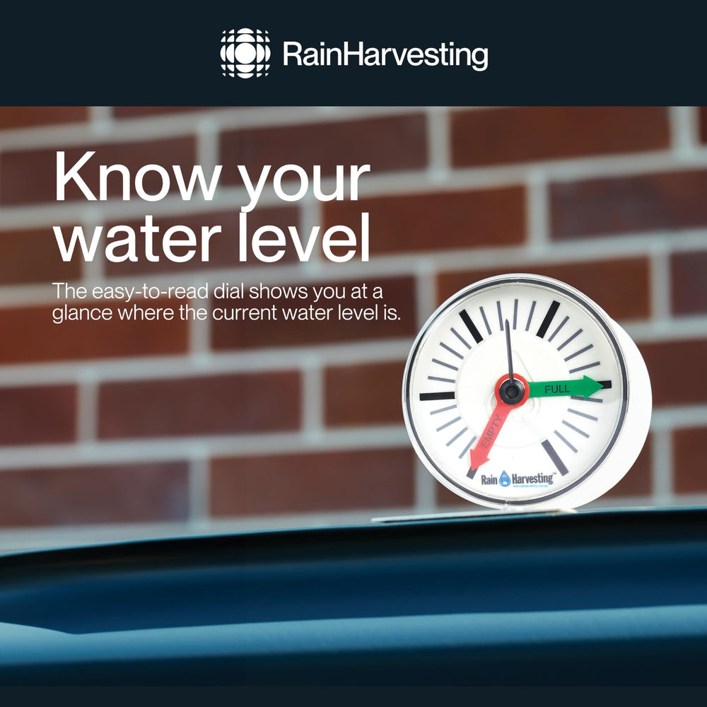 Rain Harvesting close-up of gauge dial highlighting clear Empty and Full indicators benefit