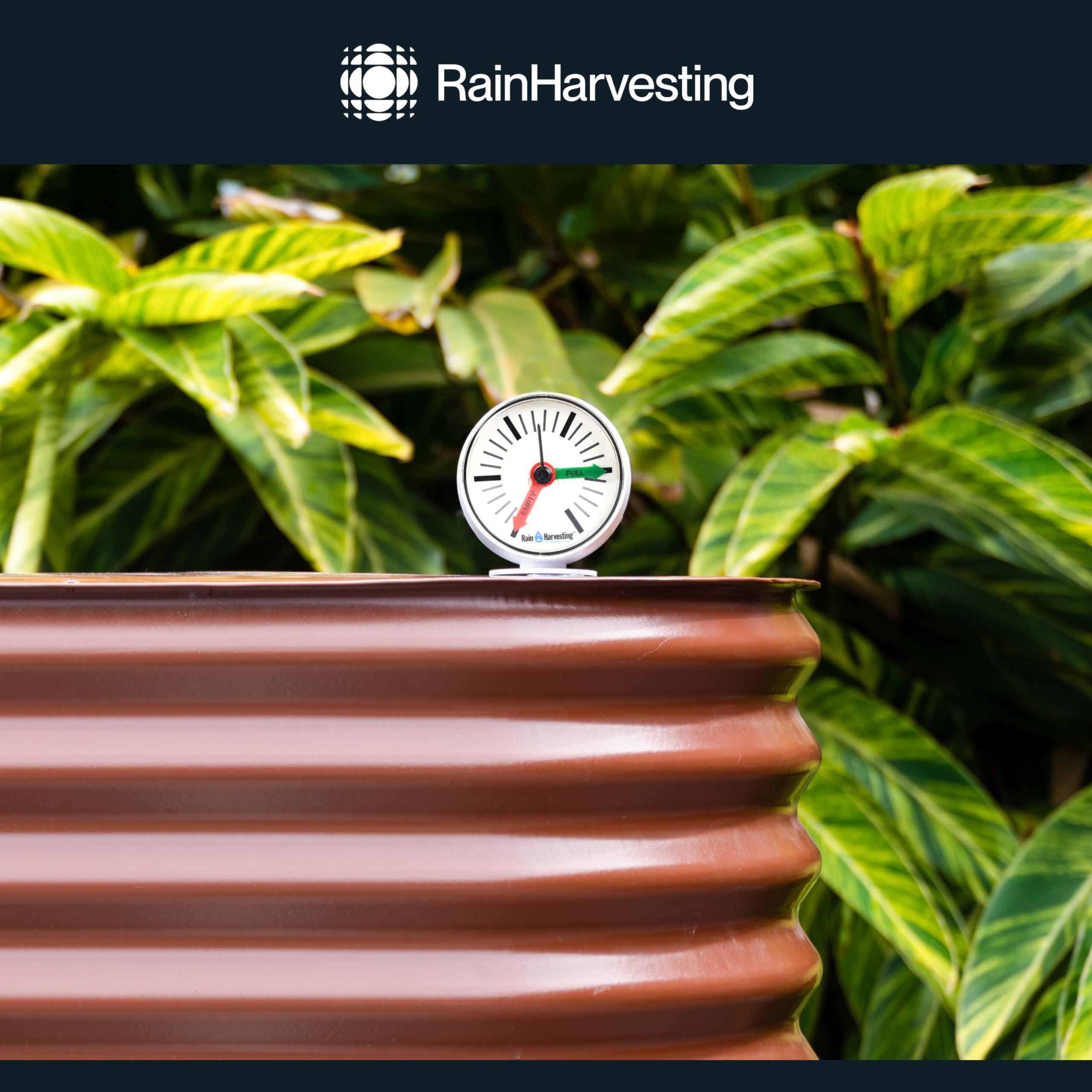 Rain Harvesting gauge on rain barrel in garden showing easy water management benefit