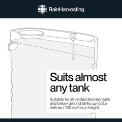Rain Harvesting gauge mounted on tank top showing scale visibility and monitoring benefit